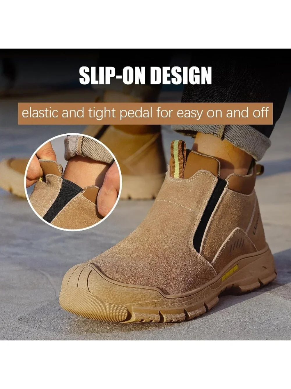 Men's Khaki Brown Fireproof Shoes Casual Steel Toe Slip On Jobsite Work Boots